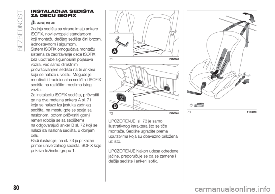 FIAT PANDA 2018  Knjižica za upotrebu i održavanje (in Serbian) INSTALACIJA SEDIŠTA
ZA DECU ISOFIX
95) 96) 97) 98)
Zadnja sedišta sa strane imaju ankere
ISOFIX, novi evropski standardom
koji montažu dečijeg sedišta čini brzom,
jednostavnom i sigurnom.
Sistem