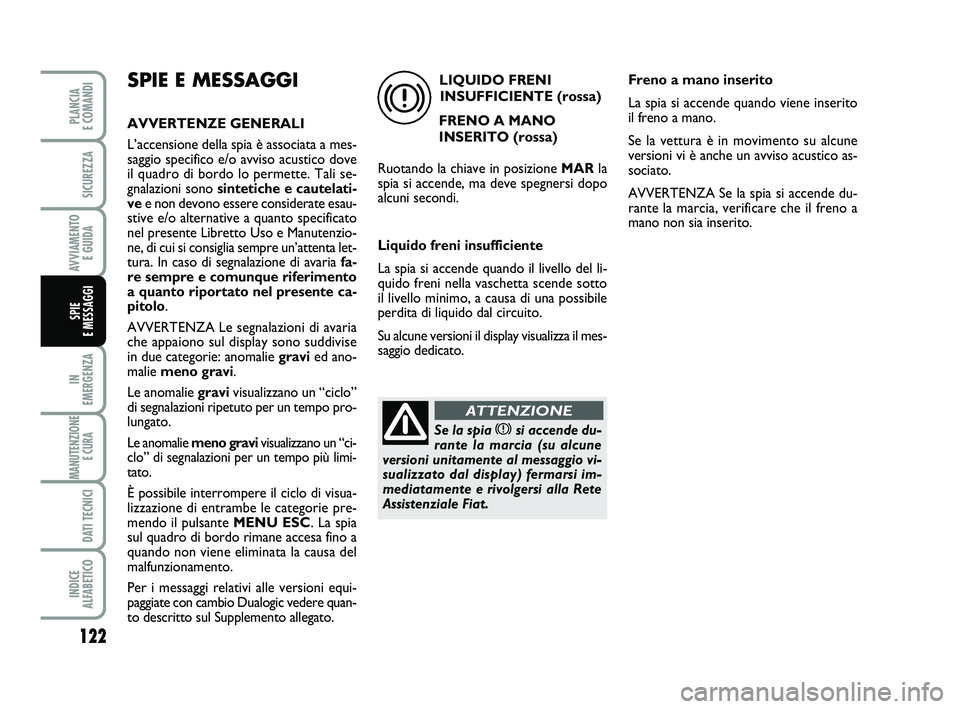 FIAT PUNTO 2012 Libretto Uso Manutenzione (in Italian) 122
IN
EMERGENZA
MANUTENZIONE E CURA
DATI TECNICI
INDICE
ALFABETICO
PLANCIA
E COMANDI
SICUREZZA
AVVIAMENTO E GUIDA
SPIE
E MESSAGGI
SPIE E MESSAGGI
AVVERTENZE GENERALI
L’accensione della spia FIAT PUNTO 2012 Libretto Uso Manutenzione (in Italian) 122
IN
EMERGENZA
MANUTENZIONE E CURA
DATI TECNICI
INDICE
ALFABETICO
PLANCIA
E COMANDI
SICUREZZA
AVVIAMENTO E GUIDA
SPIE
E MESSAGGI
SPIE E MESSAGGI
AVVERTENZE GENERALI
L’accensione della spia
