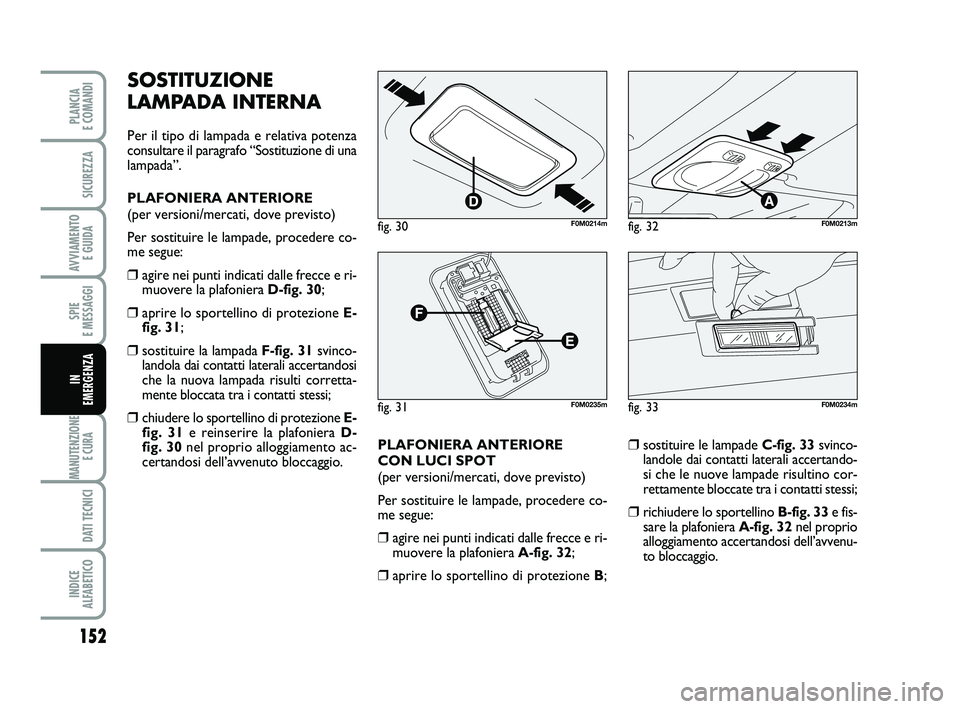 FIAT PUNTO 2012  Libretto Uso Manutenzione (in Italian) SOSTITUZIONE
LAMPADA INTERNA
Per il tipo di lampada e relativa potenza
consultare il paragrafo “Sostituzione di una
lampada”.
PLAFONIERA ANTERIORE 
(per versioni/mercati, dove previsto)
Per sostit
