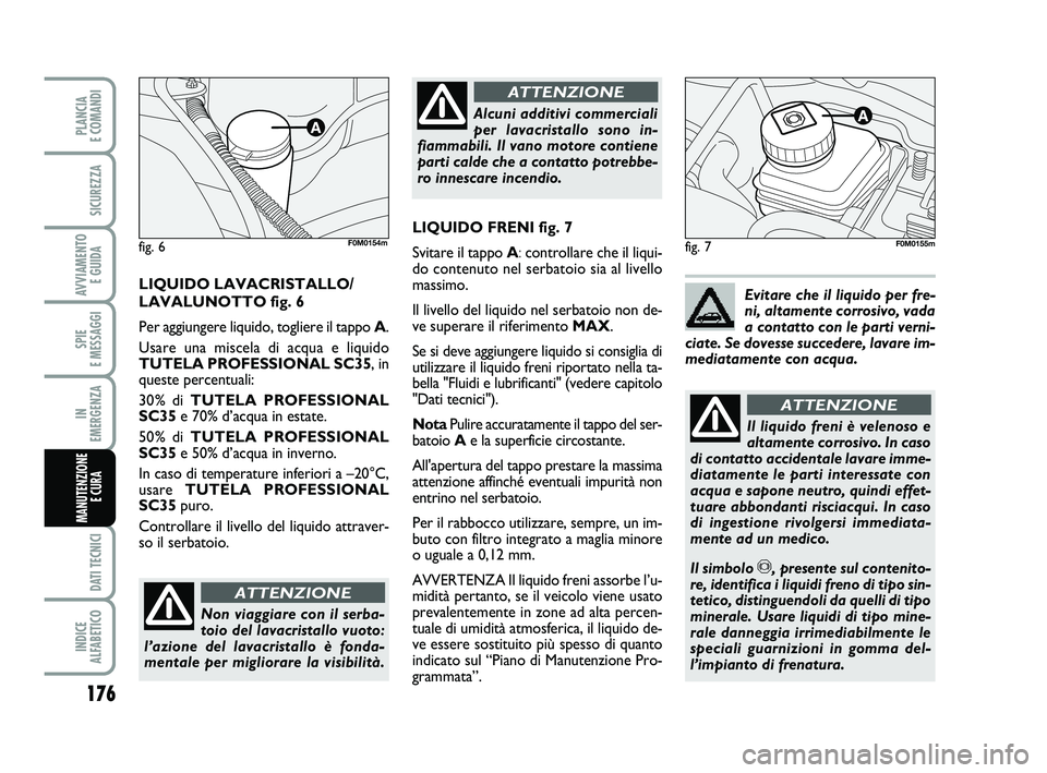 FIAT PUNTO 2012  Libretto Uso Manutenzione (in Italian) 176
SPIE 
E MESSAGGI
DATI TECNICI
INDICE 
ALFABETICO
PLANCIA 
E COMANDI
SICUREZZA
AVVIAMENTO  E GUIDA
IN 
EMERGENZA
MANUTENZIONE E CURA 
fig. 7
Non viaggiare con il serba-
toio del lavacristallo vuoto