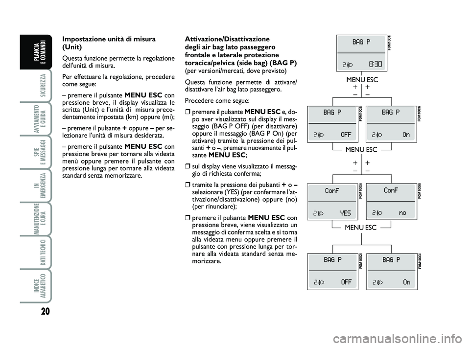 FIAT PUNTO 2012 Libretto Uso Manutenzione (in Italian) 20
SICUREZZA
AVVIAMENTO E GUIDA
SPIE
E MESSAGGI
IN
EMERGENZA
MANUTENZIONE E CURA
DATI TECNICI
INDICE
ALFABETICO
PLANCIA
E COMANDI
Attivazione/Disattivazione
degli air bag lato passeggero
frontal FIAT PUNTO 2012 Libretto Uso Manutenzione (in Italian) 20
SICUREZZA
AVVIAMENTO E GUIDA
SPIE
E MESSAGGI
IN
EMERGENZA
MANUTENZIONE E CURA
DATI TECNICI
INDICE
ALFABETICO
PLANCIA
E COMANDI
Attivazione/Disattivazione
degli air bag lato passeggero
frontal