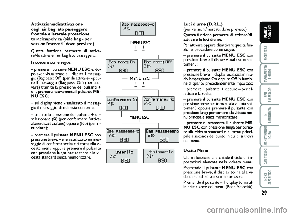 FIAT PUNTO 2012 Libretto Uso Manutenzione (in Italian) 29
SICUREZZA
AVVIAMENTO E GUIDA
SPIE
E MESSAGGI
IN
EMERGENZA
MANUTENZIONE E CURA
DATI TECNICI
INDICE
ALFABETICO
PLANCIA
E COMANDI
Attivazione/disattivazione
degli air bag lato passeggero
frontale FIAT PUNTO 2012 Libretto Uso Manutenzione (in Italian) 29
SICUREZZA
AVVIAMENTO E GUIDA
SPIE
E MESSAGGI
IN
EMERGENZA
MANUTENZIONE E CURA
DATI TECNICI
INDICE
ALFABETICO
PLANCIA
E COMANDI
Attivazione/disattivazione
degli air bag lato passeggero
frontale