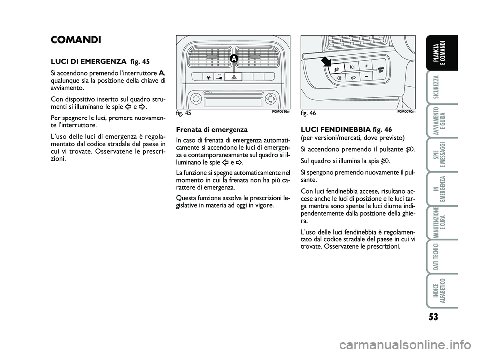FIAT PUNTO 2012  Libretto Uso Manutenzione (in Italian) 53
SICUREZZA
AVVIAMENTO E GUIDA
SPIE 
E MESSAGGI
IN 
EMERGENZA
MANUTENZIONE E CURA
DATI TECNICI
INDICE 
ALFABETICO
PLANCIA 
E COMANDI
COMANDI
LUCI DI EMERGENZA  fig. 45
Si accendono premendo l’inter