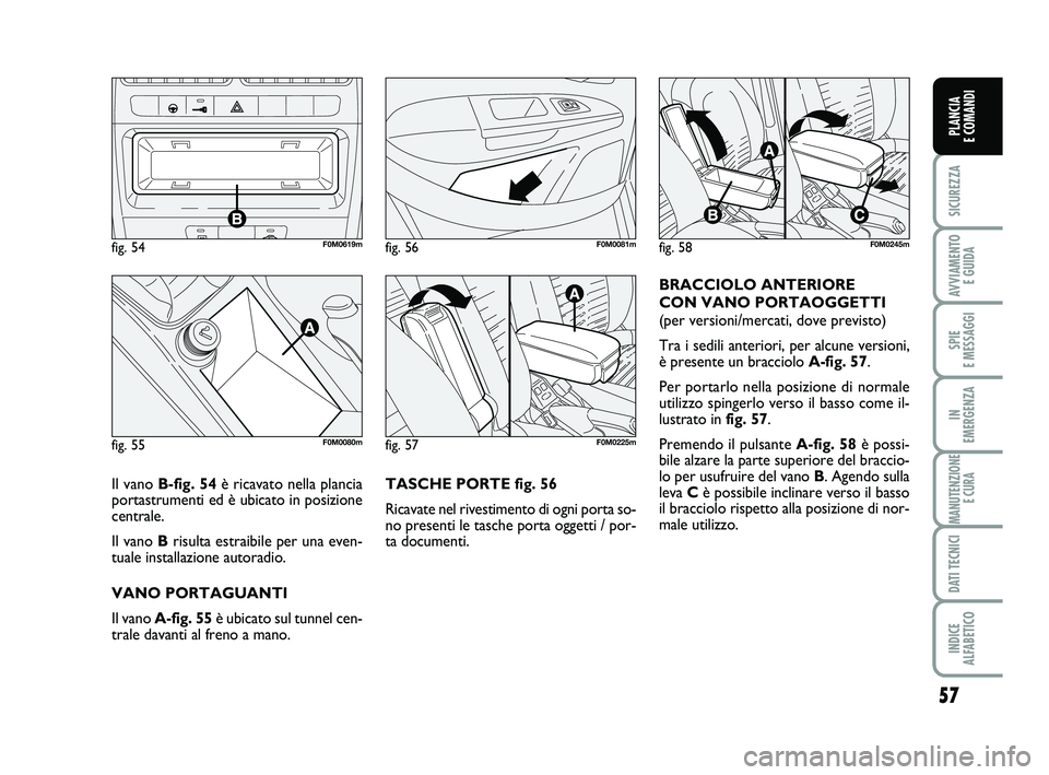 FIAT PUNTO 2012  Libretto Uso Manutenzione (in Italian) 57
SICUREZZA
AVVIAMENTO E GUIDA
SPIE 
E MESSAGGI
IN 
EMERGENZA
MANUTENZIONE E CURA
DATI TECNICI
INDICE 
ALFABETICO
PLANCIA 
E COMANDI
TASCHE PORTE fig. 56
Ricavate nel rivestimento di ogni porta so-
n