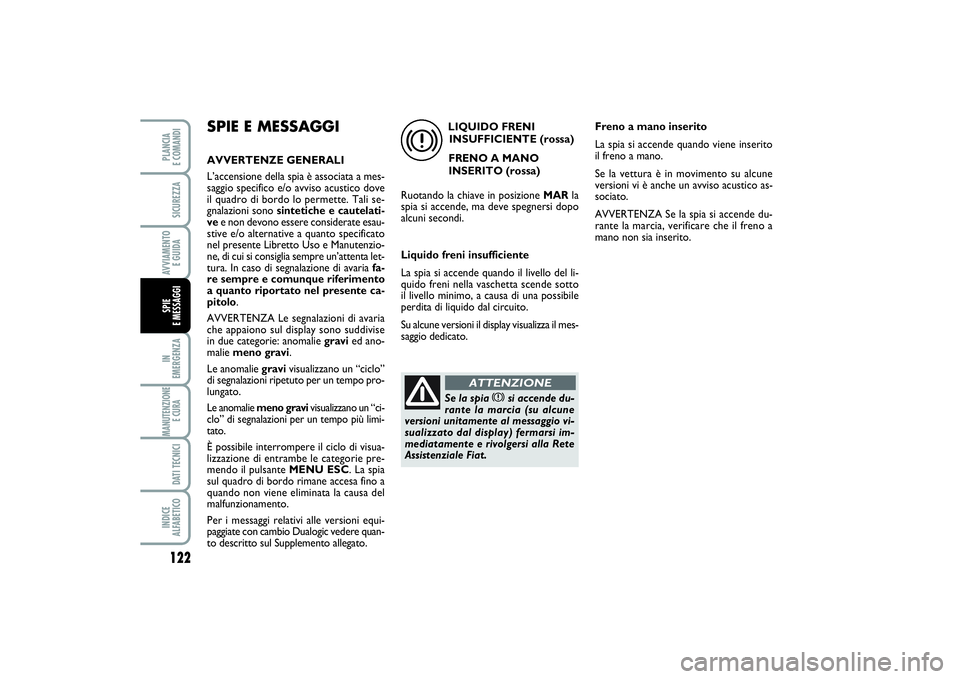 FIAT PUNTO 2014  Libretto Uso Manutenzione (in Italian) 122IN 
EMERGENZAMANUTENZIONE
E CURA DATI TECNICIINDICE 
ALFABETICOPLANCIA 
E COMANDISICUREZZAAVVIAMENTO 
E GUIDASPIE 
E MESSAGGI
SPIE E MESSAGGIAVVERTENZE GENERALI
L’accensione della spia è associa