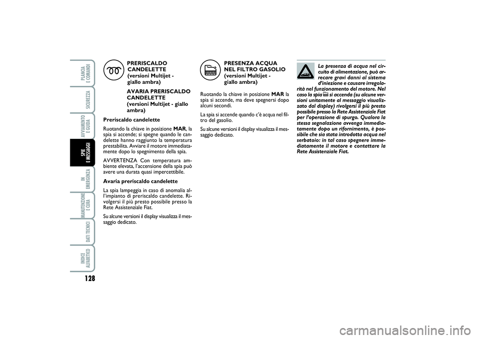 FIAT PUNTO 2014  Libretto Uso Manutenzione (in Italian) 128IN 
EMERGENZAMANUTENZIONE
E CURA DATI TECNICIINDICE 
ALFABETICOPLANCIA 
E COMANDISICUREZZAAVVIAMENTO 
E GUIDASPIE 
E MESSAGGI
PRERISCALDO
CANDELETTE  
(versioni Multijet - 
giallo ambra)
AVARIA PRE