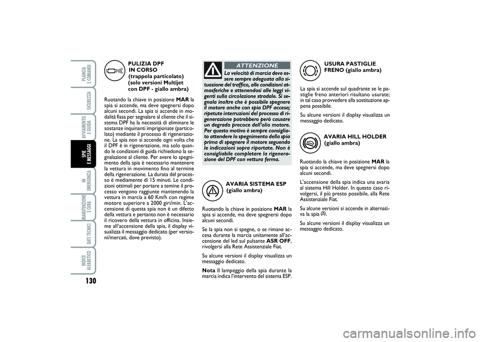 FIAT PUNTO 2014  Libretto Uso Manutenzione (in Italian) AVARIA SISTEMA ESP
(giallo ambra)
Ruotando la chiave in posizione MARla
spia si accende, ma deve spegnersi dopo
alcuni secondi.
Se la spia non si spegne, o se rimane ac-
cesa durante la marcia unitame