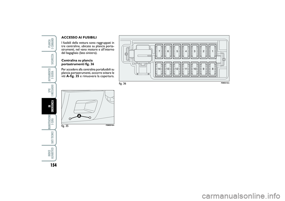 FIAT PUNTO 2014  Libretto Uso Manutenzione (in Italian) 154SPIE 
E MESSAGGIMANUTENZIONE
E CURA DATI TECNICIINDICE 
ALFABETICOPLANCIA 
E COMANDISICUREZZAAVVIAMENTO 
E GUIDAIN 
EMERGENZA
ACCESSO AI FUSIBILI
I fusibili della vettura sono raggruppati in
tre ce