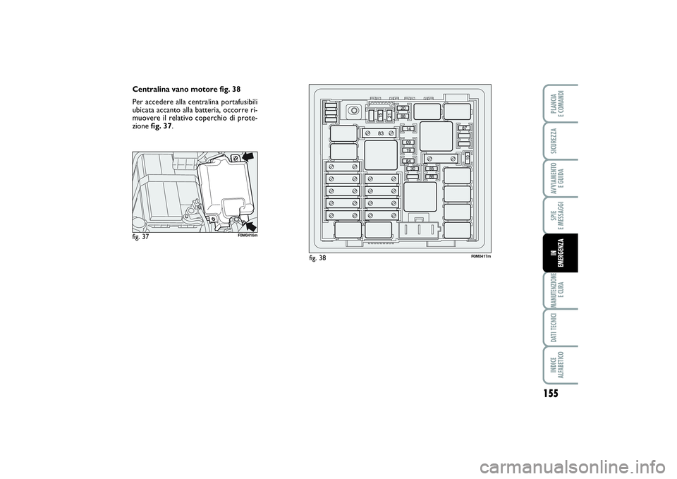 FIAT PUNTO 2014  Libretto Uso Manutenzione (in Italian) 155
SPIE 
E MESSAGGIMANUTENZIONE
E CURADATI TECNICIINDICE 
ALFABETICOPLANCIA 
E COMANDISICUREZZAAVVIAMENTO 
E GUIDAIN 
EMERGENZA
Centralina vano motore fig. 38
Per accedere alla centralina portafusibi