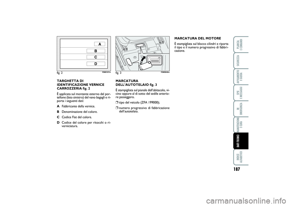 FIAT PUNTO 2014  Libretto Uso Manutenzione (in Italian) MARCATURA
DELL’AUTOTELAIO fig. 3
È stampigliata sul pianale dell’abitacolo, vi-
cino oppure al di sotto del sedile anterio-
re passeggero.❒
tipo del veicolo (ZFA 199000);
❒
numero progressivo