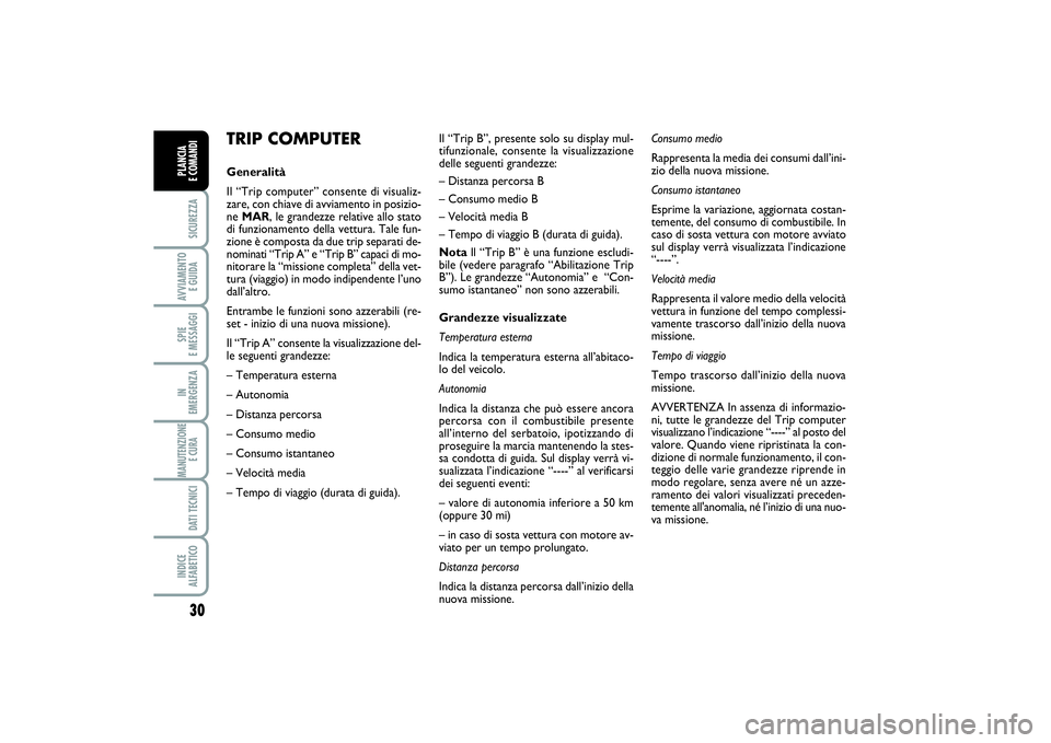 FIAT PUNTO 2014  Libretto Uso Manutenzione (in Italian) 30SICUREZZAAVVIAMENTO 
E GUIDASPIE 
E MESSAGGIIN 
EMERGENZAMANUTENZIONE
E CURA DATI TECNICIINDICE 
ALFABETICOPLANCIA 
E COMANDI
TRIP COMPUTERGeneralità
Il “Trip computer” consente di visualiz-
za