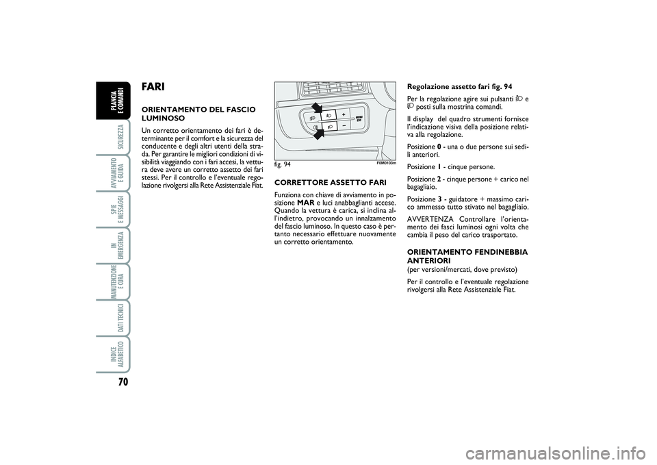 FIAT PUNTO 2014  Libretto Uso Manutenzione (in Italian) 70SICUREZZAAVVIAMENTO 
E GUIDASPIE 
E MESSAGGIIN 
EMERGENZAMANUTENZIONE
E CURA DATI TECNICIINDICE 
ALFABETICOPLANCIA 
E COMANDI
FA R IORIENTAMENTO DEL FASCIO
LUMINOSO
Un corretto orientamento dei fari