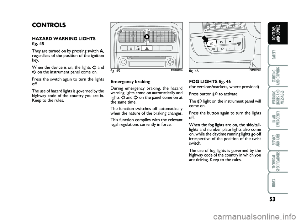 FIAT PUNTO 2017 Owner handbook (in English) 53
SAFETY
STARTING
AND DRIVING
WARNING
LIGHTS AND MESSAGES
IN AN
EMERGENCY
SERVICE
AND CARE
TECHNICAL
SPECIFICATIONS
INDEX
CONTROLS
AND DEVICES
CONTROLS
HAZARD WARNING LIGHTS
fig. 45
They are tur FIAT PUNTO 2017 Owner handbook (in English) 53
SAFETY
STARTING
AND DRIVING
WARNING
LIGHTS AND MESSAGES
IN AN
EMERGENCY
SERVICE
AND CARE
TECHNICAL
SPECIFICATIONS
INDEX
CONTROLS
AND DEVICES
CONTROLS
HAZARD WARNING LIGHTS
fig. 45
They are tur