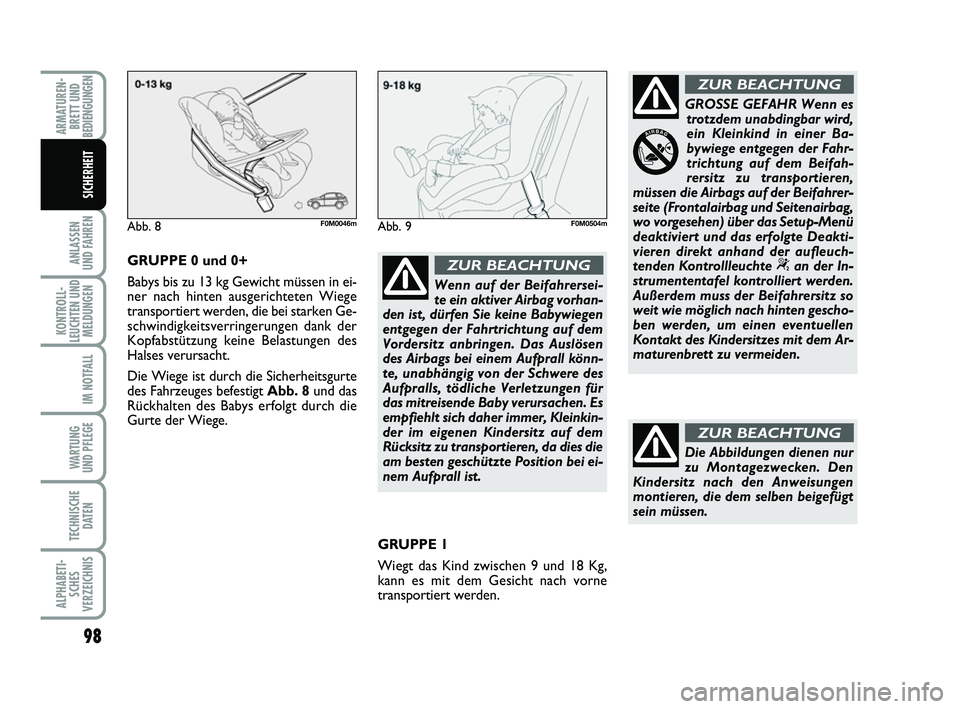 FIAT PUNTO 2012 Betriebsanleitung (in German) 98
ANLASSEN
UND FAHREN
KONTROLL-
LEUCHTEN UND MELDUNGEN
IM NOTFALL
WA RT U N G
UND PFLEGE
TECHNISCHE DATEN
ALPHABETI-SCHES
VERZEICHNIS
ARMATUREN- BRETT UND
BEDIENGUNGEN
SICHERHEIT
Wenn auf der Beifahr FIAT PUNTO 2012 Betriebsanleitung (in German) 98
ANLASSEN
UND FAHREN
KONTROLL-
LEUCHTEN UND MELDUNGEN
IM NOTFALL
WA RT U N G
UND PFLEGE
TECHNISCHE DATEN
ALPHABETI-SCHES
VERZEICHNIS
ARMATUREN- BRETT UND
BEDIENGUNGEN
SICHERHEIT
Wenn auf der Beifahr