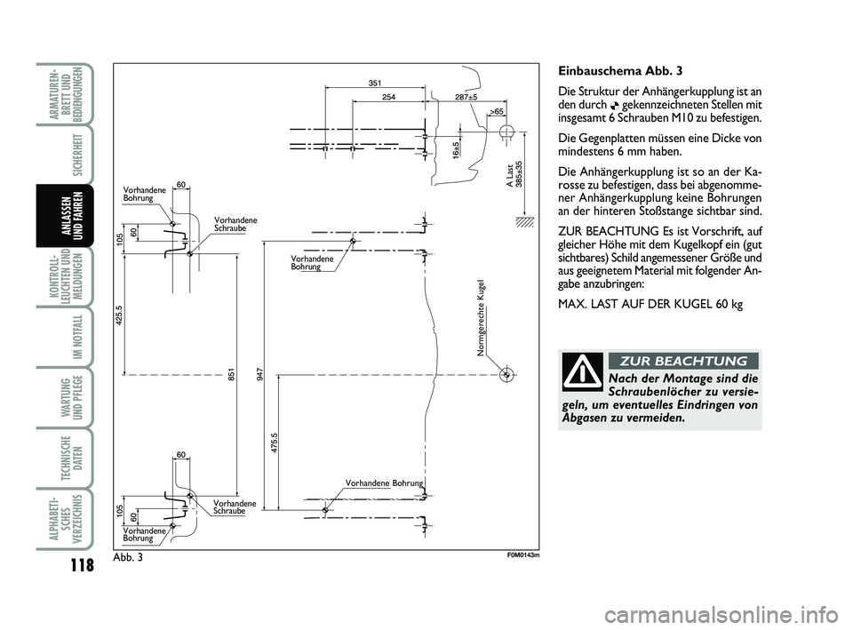 FIAT PUNTO 2012 Betriebsanleitung (in German) 118
KONTROLL-
LEUCHTEN UND MELDUNGEN
IM NOTFALL
WA RT U N G
UND PFLEGE
TECHNISCHE DATEN
ALPHABETI-SCHES
VERZEICHNIS
ARMATUREN- BRETT UND
BEDIENGUNGEN
SICHERHEIT
ANLASSEN
UND FAHREN
Einbauschema Abb. 3 FIAT PUNTO 2012 Betriebsanleitung (in German) 118
KONTROLL-
LEUCHTEN UND MELDUNGEN
IM NOTFALL
WA RT U N G
UND PFLEGE
TECHNISCHE DATEN
ALPHABETI-SCHES
VERZEICHNIS
ARMATUREN- BRETT UND
BEDIENGUNGEN
SICHERHEIT
ANLASSEN
UND FAHREN
Einbauschema Abb. 3