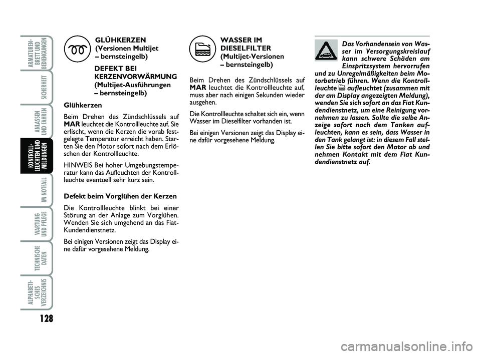 FIAT PUNTO 2012 Betriebsanleitung (in German) 128
IM NOTFALL
WA RT U N G
UND PFLEGE
TECHNISCHE DATEN
ALPHABETI-SCHES
VERZEICHNIS
ARMATUREN- BRETT UND
BEDIENGUNGEN
SICHERHEIT
ANLASSEN
UND FAHREN
KONTROLL-
LEUCHTEN UND MELDUNGEN
GLÜHKERZEN
(Versio FIAT PUNTO 2012 Betriebsanleitung (in German) 128
IM NOTFALL
WA RT U N G
UND PFLEGE
TECHNISCHE DATEN
ALPHABETI-SCHES
VERZEICHNIS
ARMATUREN- BRETT UND
BEDIENGUNGEN
SICHERHEIT
ANLASSEN
UND FAHREN
KONTROLL-
LEUCHTEN UND MELDUNGEN
GLÜHKERZEN
(Versio
