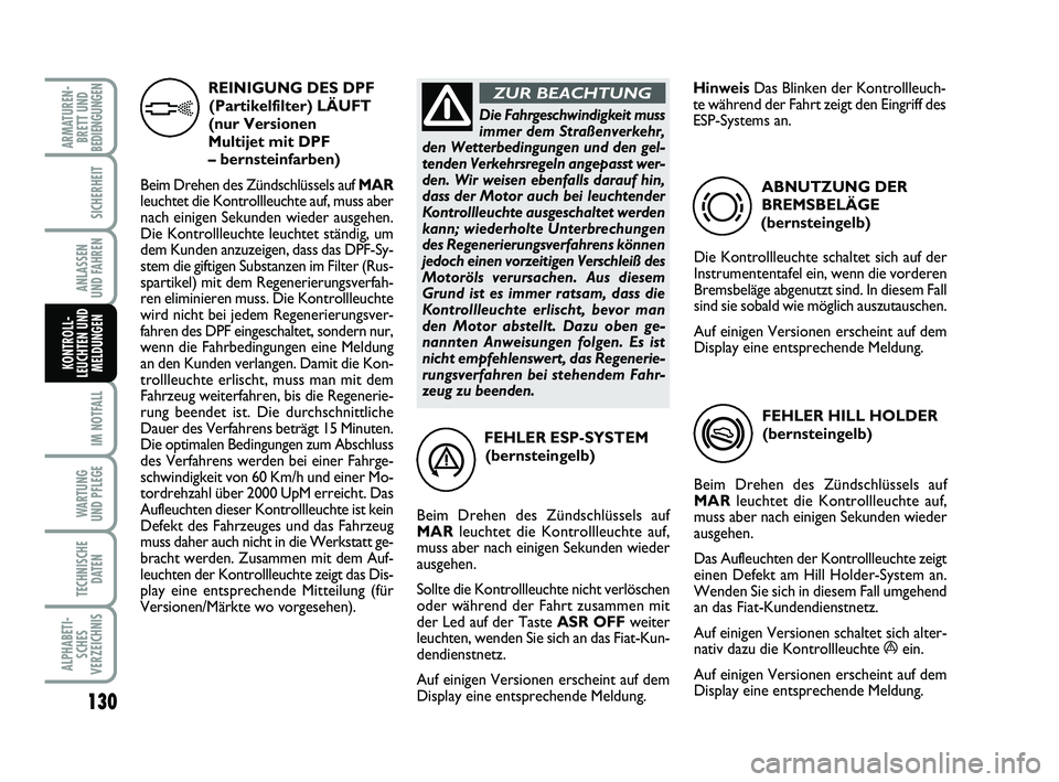 FIAT PUNTO 2012 Betriebsanleitung (in German) 130
IM NOTFALL
WA RT U N G
UND PFLEGE
TECHNISCHE DATEN
ALPHABETI-SCHES
VERZEICHNIS
ARMATUREN- BRETT UND
BEDIENGUNGEN
SICHERHEIT
ANLASSEN
UND FAHREN
KONTROLL-
LEUCHTEN UND MELDUNGEN
FEHLER ESP-SYSTEM
( FIAT PUNTO 2012 Betriebsanleitung (in German) 130
IM NOTFALL
WA RT U N G
UND PFLEGE
TECHNISCHE DATEN
ALPHABETI-SCHES
VERZEICHNIS
ARMATUREN- BRETT UND
BEDIENGUNGEN
SICHERHEIT
ANLASSEN
UND FAHREN
KONTROLL-
LEUCHTEN UND MELDUNGEN
FEHLER ESP-SYSTEM
(