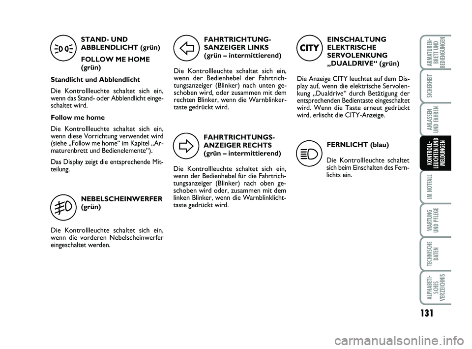 FIAT PUNTO 2012 Betriebsanleitung (in German) 131
IM NOTFALL
WA RT U N G
UND PFLEGE
TECHNISCHE DATEN
ALPHABETI-SCHES
VERZEICHNIS
ARMATUREN- BRETT UND
BEDIENGUNGEN
SICHERHEIT
ANLASSEN
UND FAHREN
KONTROLL-
LEUCHTEN UND MELDUNGEN
EINSCHALTUNG
ELEKTR FIAT PUNTO 2012 Betriebsanleitung (in German) 131
IM NOTFALL
WA RT U N G
UND PFLEGE
TECHNISCHE DATEN
ALPHABETI-SCHES
VERZEICHNIS
ARMATUREN- BRETT UND
BEDIENGUNGEN
SICHERHEIT
ANLASSEN
UND FAHREN
KONTROLL-
LEUCHTEN UND MELDUNGEN
EINSCHALTUNG
ELEKTR