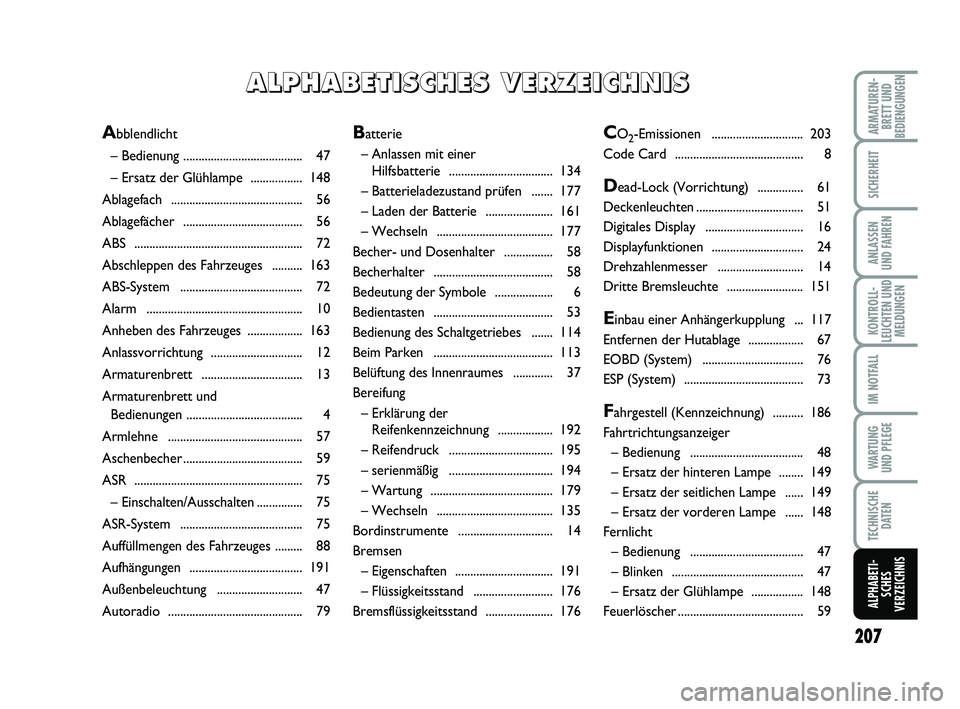 FIAT PUNTO 2012 Betriebsanleitung (in German) 207
ARMATUREN-BRETT UND
BEDIENGUNGEN
SICHERHEIT
ANLASSEN
UND FAHREN
KONTROLL-
LEUCHTEN UND MELDUNGEN
IM NOTFALL
WA RT U N G
UND PFLEGE
TECHNISCHE DATEN
ALPHABETI-SCHES
VERZEICHNIS
Batterie
– Anlasse FIAT PUNTO 2012 Betriebsanleitung (in German) 207
ARMATUREN-BRETT UND
BEDIENGUNGEN
SICHERHEIT
ANLASSEN
UND FAHREN
KONTROLL-
LEUCHTEN UND MELDUNGEN
IM NOTFALL
WA RT U N G
UND PFLEGE
TECHNISCHE DATEN
ALPHABETI-SCHES
VERZEICHNIS
Batterie
– Anlasse