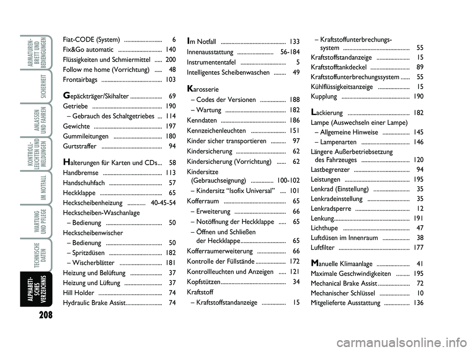 FIAT PUNTO 2012 Betriebsanleitung (in German) 208
ARMATUREN-BRETT UND
BEDIENGUNGEN
SICHERHEIT
ANLASSEN
UND FAHREN
KONTROLL-
LEUCHTEN UND MELDUNGEN
IM NOTFALL
WA RT U N G
UND PFLEGE
TECHNISCHE DATEN
ALPHABETI-SCHES
VERZEICHNIS
Im Notfall ........ FIAT PUNTO 2012 Betriebsanleitung (in German) 208
ARMATUREN-BRETT UND
BEDIENGUNGEN
SICHERHEIT
ANLASSEN
UND FAHREN
KONTROLL-
LEUCHTEN UND MELDUNGEN
IM NOTFALL
WA RT U N G
UND PFLEGE
TECHNISCHE DATEN
ALPHABETI-SCHES
VERZEICHNIS
Im Notfall ........