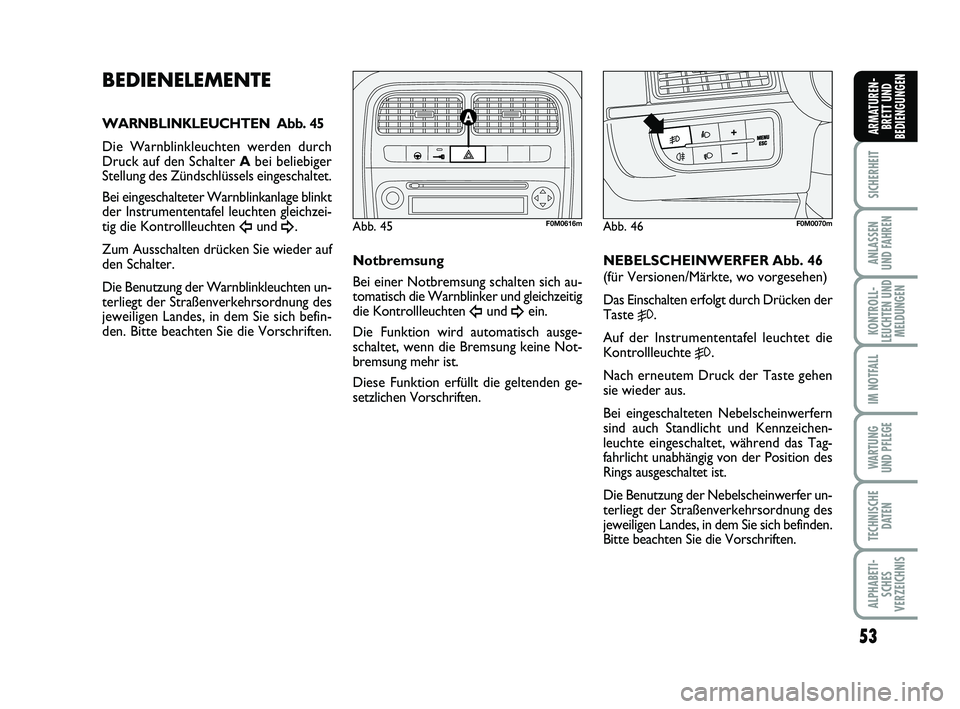 FIAT PUNTO 2012 Betriebsanleitung (in German) 53
SICHERHEIT
ANLASSEN
UND FAHREN
KONTROLL-
LEUCHTEN UND MELDUNGEN
IM NOTFALL
WA RT U N G
UND PFLEGE
TECHNISCHE DATEN
ALPHABETI-SCHES
VERZEICHNIS
ARMATUREN- BRETT UND
BEDIENGUNGEN
BEDIENELEMENTE
WARNB FIAT PUNTO 2012 Betriebsanleitung (in German) 53
SICHERHEIT
ANLASSEN
UND FAHREN
KONTROLL-
LEUCHTEN UND MELDUNGEN
IM NOTFALL
WA RT U N G
UND PFLEGE
TECHNISCHE DATEN
ALPHABETI-SCHES
VERZEICHNIS
ARMATUREN- BRETT UND
BEDIENGUNGEN
BEDIENELEMENTE
WARNB