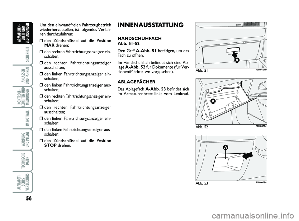 FIAT PUNTO 2012 Betriebsanleitung (in German) 56
SICHERHEIT
ANLASSEN
UND FAHREN
KONTROLL-
LEUCHTEN UND MELDUNGEN
IM NOTFALL
WA RT U N G
UND PFLEGE
TECHNISCHE DATEN
ALPHABETI-SCHES
VERZEICHNIS
ARMATUREN- BRETT UND
BEDIENGUNGEN
Abb. 52F0M0077m
Abb. FIAT PUNTO 2012 Betriebsanleitung (in German) 56
SICHERHEIT
ANLASSEN
UND FAHREN
KONTROLL-
LEUCHTEN UND MELDUNGEN
IM NOTFALL
WA RT U N G
UND PFLEGE
TECHNISCHE DATEN
ALPHABETI-SCHES
VERZEICHNIS
ARMATUREN- BRETT UND
BEDIENGUNGEN
Abb. 52F0M0077m
Abb.