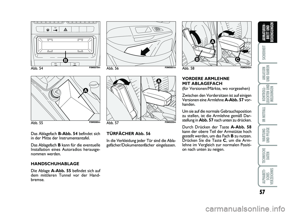 FIAT PUNTO 2012 Betriebsanleitung (in German) 57
SICHERHEIT
ANLASSEN
UND FAHREN
KONTROLL-
LEUCHTEN UND MELDUNGEN
IM NOTFALL
WA RT U N G
UND PFLEGE
TECHNISCHE DATEN
ALPHABETI-SCHES
VERZEICHNIS
ARMATUREN- BRETT UND
BEDIENGUNGEN
TÜRFÄCHER Abb. 56
FIAT PUNTO 2012 Betriebsanleitung (in German) 57
SICHERHEIT
ANLASSEN
UND FAHREN
KONTROLL-
LEUCHTEN UND MELDUNGEN
IM NOTFALL
WA RT U N G
UND PFLEGE
TECHNISCHE DATEN
ALPHABETI-SCHES
VERZEICHNIS
ARMATUREN- BRETT UND
BEDIENGUNGEN
TÜRFÄCHER Abb. 56