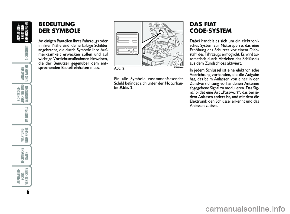 FIAT PUNTO 2012 Betriebsanleitung (in German) 6
SICHERHEIT
ANLASSEN
UND FAHREN
KONTROLL-
LEUCHTEN UND MELDUNGEN
IM NOTFALL
WA RT U N G
UND PFLEGE
TECHNISCHE DATEN
ALPHABETI-SCHES
VERZEICHNIS
ARMATUREN- BRETT UND
BEDIENGUNGEN
BEDEUTUNG
DER SYMBOLE FIAT PUNTO 2012 Betriebsanleitung (in German) 6
SICHERHEIT
ANLASSEN
UND FAHREN
KONTROLL-
LEUCHTEN UND MELDUNGEN
IM NOTFALL
WA RT U N G
UND PFLEGE
TECHNISCHE DATEN
ALPHABETI-SCHES
VERZEICHNIS
ARMATUREN- BRETT UND
BEDIENGUNGEN
BEDEUTUNG
DER SYMBOLE