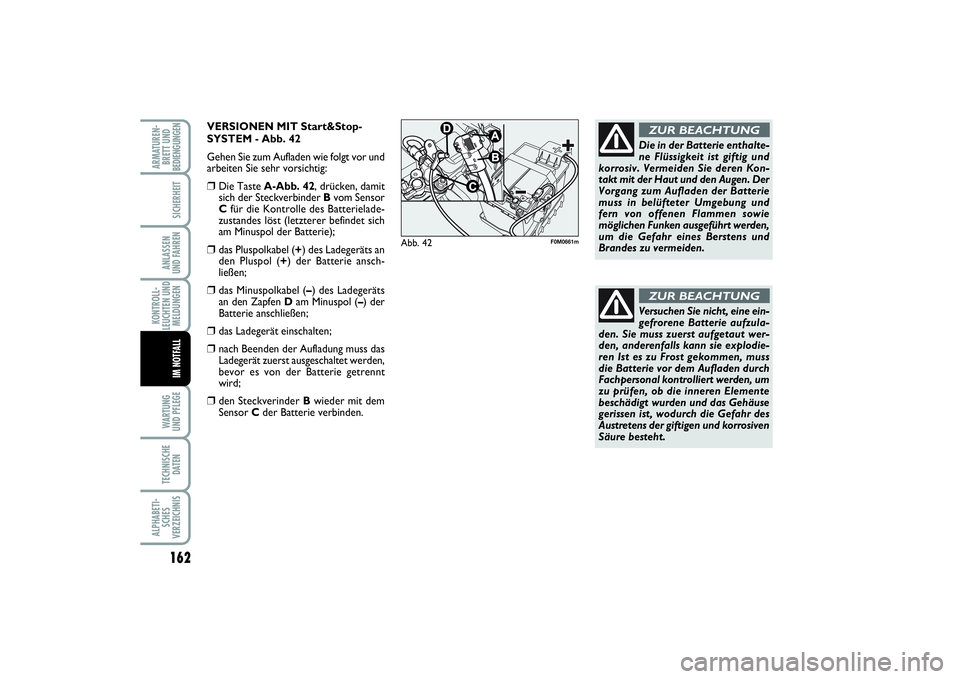 FIAT PUNTO 2014  Betriebsanleitung (in German) 162WA RT U N G
UND PFLEGETECHNISCHE
DATENALPHABETI-
SCHES
VERZEICHNISARMATUREN-
BRETT UND
BEDIENGUNGEN
SICHERHEITANLASSEN
UND FAHRENKONTROLL-
LEUCHTEN UND
MELDUNGEN
IM NOTFALL
Versuchen Sie nicht, ein