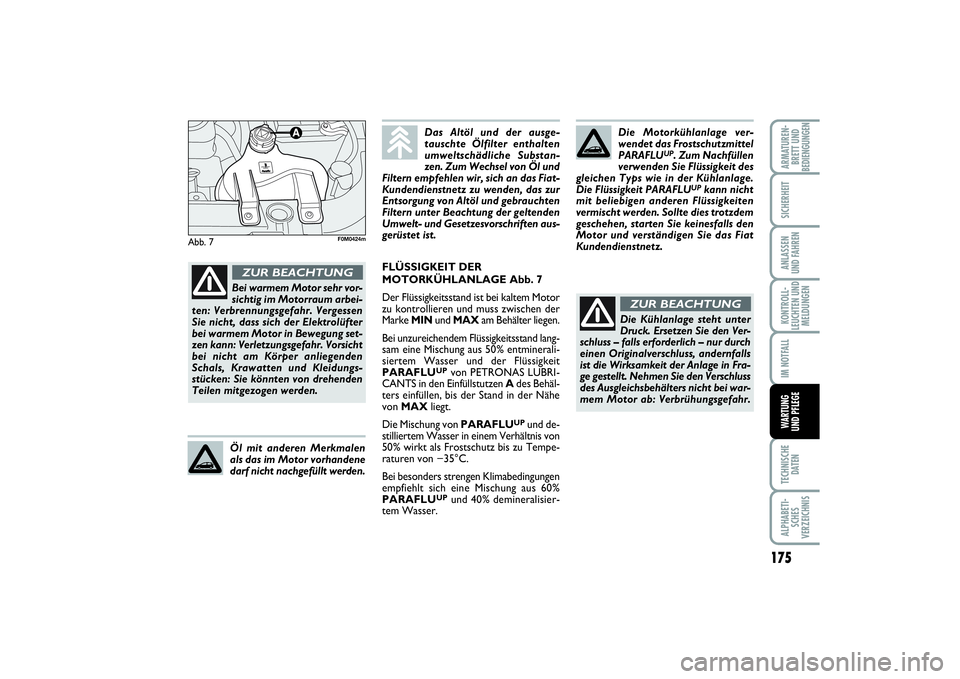 FIAT PUNTO 2014  Betriebsanleitung (in German) 175
TECHNISCHE
DATENALPHABETI-
SCHES
VERZEICHNISARMATUREN-
BRETT UND
BEDIENGUNGENSICHERHEITANLASSEN
UND FAHRENKONTROLL-
LEUCHTEN UND
MELDUNGENIM NOTFALLWARTUNG
UND PFLEGE
Abb. 7
Die Motorkühlanlage v