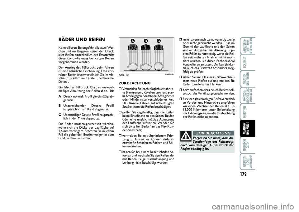 FIAT PUNTO 2014  Betriebsanleitung (in German) 179
TECHNISCHE
DATENALPHABETI-
SCHES
VERZEICHNISARMATUREN-
BRETT UND
BEDIENGUNGENSICHERHEITANLASSEN
UND FAHRENKONTROLL-
LEUCHTEN UND
MELDUNGENIM NOTFALLWARTUNG
UND PFLEGE
RÄDER UND REIFENKontrolliere