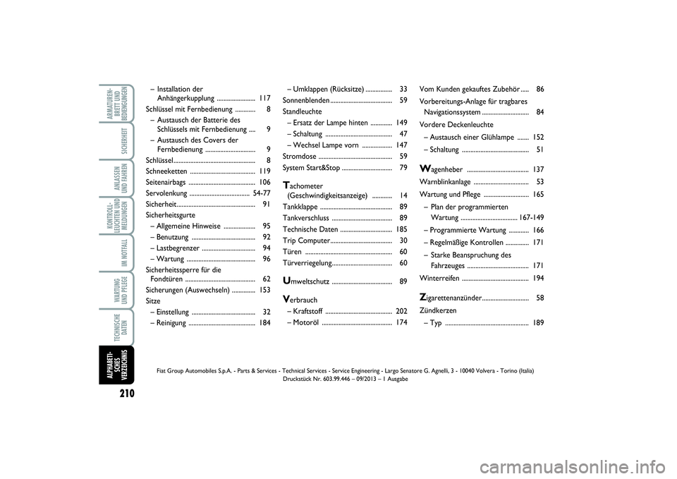 FIAT PUNTO 2014 Betriebsanleitung (in German) 210ARMATUREN-
BRETT UND
BEDIENGUNGEN
SICHERHEITANLASSEN
UND FAHRENKONTROLL-
LEUCHTEN UND
MELDUNGEN
IM NOTFALLWA RT U N G
UND PFLEGETECHNISCHE
DATENALPHABETI-
SCHES
VERZEICHNIS
– Umklappen (Rücksitz FIAT PUNTO 2014 Betriebsanleitung (in German) 210ARMATUREN-
BRETT UND
BEDIENGUNGEN
SICHERHEITANLASSEN
UND FAHRENKONTROLL-
LEUCHTEN UND
MELDUNGEN
IM NOTFALLWA RT U N G
UND PFLEGETECHNISCHE
DATENALPHABETI-
SCHES
VERZEICHNIS
– Umklappen (Rücksitz