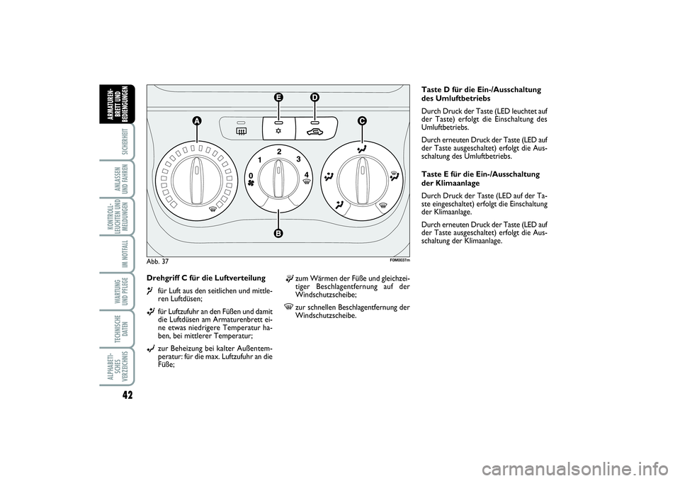 FIAT PUNTO 2014  Betriebsanleitung (in German) 42SICHERHEITANLASSEN
UND FAHRENKONTROLL-
LEUCHTEN UND
MELDUNGEN
IM NOTFALLWA RT U N G
UND PFLEGETECHNISCHE
DATENALPHABETI-
SCHES
VERZEICHNISARMATUREN-
BRETT UND
BEDIENGUNGEN
Drehgriff C für die Luftv