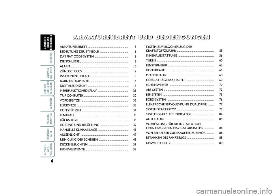 FIAT PUNTO 2014 Betriebsanleitung (in German) 4SICHERHEITANLASSEN
UND FAHRENKONTROLL-
LEUCHTEN UND
MELDUNGEN
IM NOTFALLWARTUNG
UND PFLEGETECHNISCHE
DATENALPHABETI-
SCHES
VERZEICHNISARMATUREN-
BRETT UND
BEDIENGUNGEN
ARMATURENBRETT................. FIAT PUNTO 2014 Betriebsanleitung (in German) 4SICHERHEITANLASSEN
UND FAHRENKONTROLL-
LEUCHTEN UND
MELDUNGEN
IM NOTFALLWARTUNG
UND PFLEGETECHNISCHE
DATENALPHABETI-
SCHES
VERZEICHNISARMATUREN-
BRETT UND
BEDIENGUNGEN
ARMATURENBRETT.................