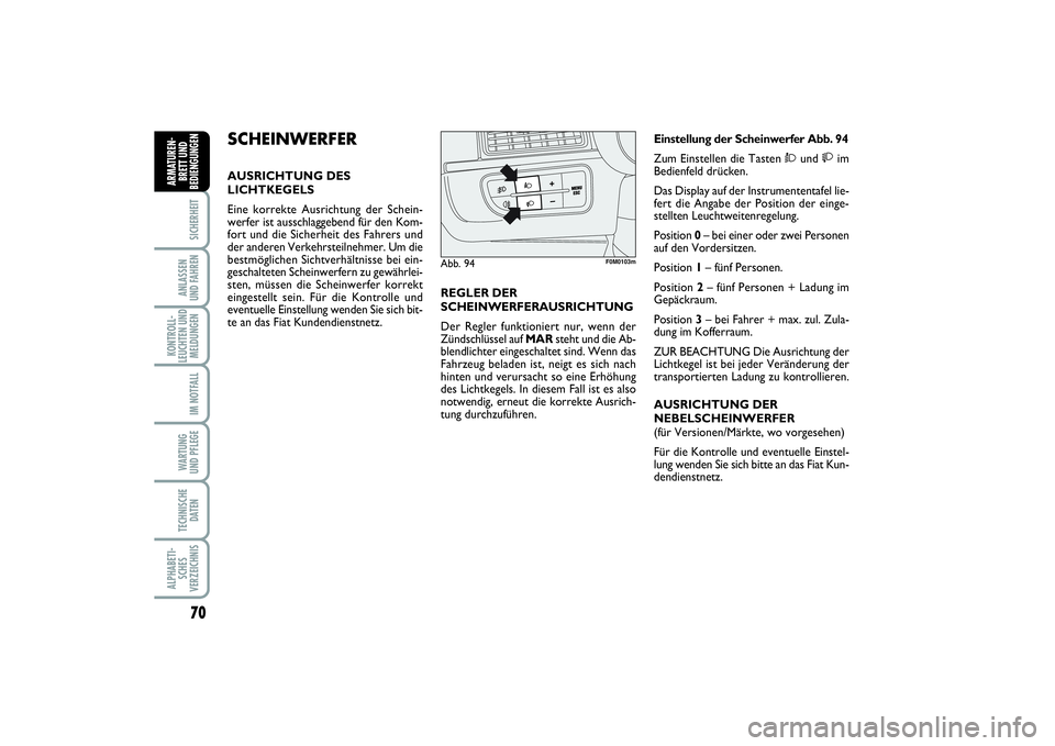 FIAT PUNTO 2014 Betriebsanleitung (in German) 70SICHERHEITANLASSEN
UND FAHRENKONTROLL-
LEUCHTEN UND
MELDUNGEN
IM NOTFALLWA RT U N G
UND PFLEGETECHNISCHE
DATENALPHABETI-
SCHES
VERZEICHNISARMATUREN-
BRETT UND
BEDIENGUNGEN
SCHEINWERFERAUSRICHTUNG DE FIAT PUNTO 2014 Betriebsanleitung (in German) 70SICHERHEITANLASSEN
UND FAHRENKONTROLL-
LEUCHTEN UND
MELDUNGEN
IM NOTFALLWA RT U N G
UND PFLEGETECHNISCHE
DATENALPHABETI-
SCHES
VERZEICHNISARMATUREN-
BRETT UND
BEDIENGUNGEN
SCHEINWERFERAUSRICHTUNG DE