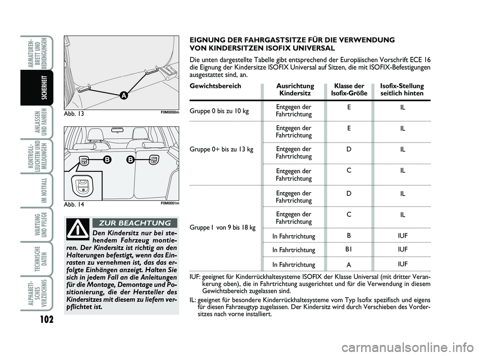 FIAT PUNTO 2018 Betriebsanleitung (in German) 102
ANLASSEN
UND FAHREN
KONTROLL-
LEUCHTEN UND MELDUNGEN
IM NOTFALL
WARTUNG
UND PFLEGE
TECHNISCHE DATEN
ALPHABETI-SCHES
VERZEICHNIS
ARMATUREN- BRETT UND
BEDIENGUNGEN
SICHERHEIT
Den Kindersitz nur bei FIAT PUNTO 2018 Betriebsanleitung (in German) 102
ANLASSEN
UND FAHREN
KONTROLL-
LEUCHTEN UND MELDUNGEN
IM NOTFALL
WARTUNG
UND PFLEGE
TECHNISCHE DATEN
ALPHABETI-SCHES
VERZEICHNIS
ARMATUREN- BRETT UND
BEDIENGUNGEN
SICHERHEIT
Den Kindersitz nur bei
