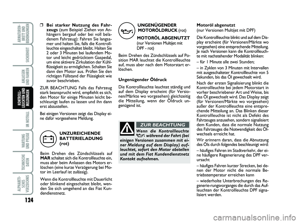 FIAT PUNTO 2018 Betriebsanleitung (in German) 124
IM NOTFALL
WA RT U N G
UND PFLEGE
TECHNISCHE DATEN
ALPHABETI-SCHES
VERZEICHNIS
ARMATUREN- BRETT UND
BEDIENGUNGEN
SICHERHEIT
ANLASSEN
UND FAHREN
KONTROLL-
LEUCHTEN UND MELDUNGEN
UNGENÜGENDER
MOTOR FIAT PUNTO 2018 Betriebsanleitung (in German) 124
IM NOTFALL
WA RT U N G
UND PFLEGE
TECHNISCHE DATEN
ALPHABETI-SCHES
VERZEICHNIS
ARMATUREN- BRETT UND
BEDIENGUNGEN
SICHERHEIT
ANLASSEN
UND FAHREN
KONTROLL-
LEUCHTEN UND MELDUNGEN
UNGENÜGENDER
MOTOR