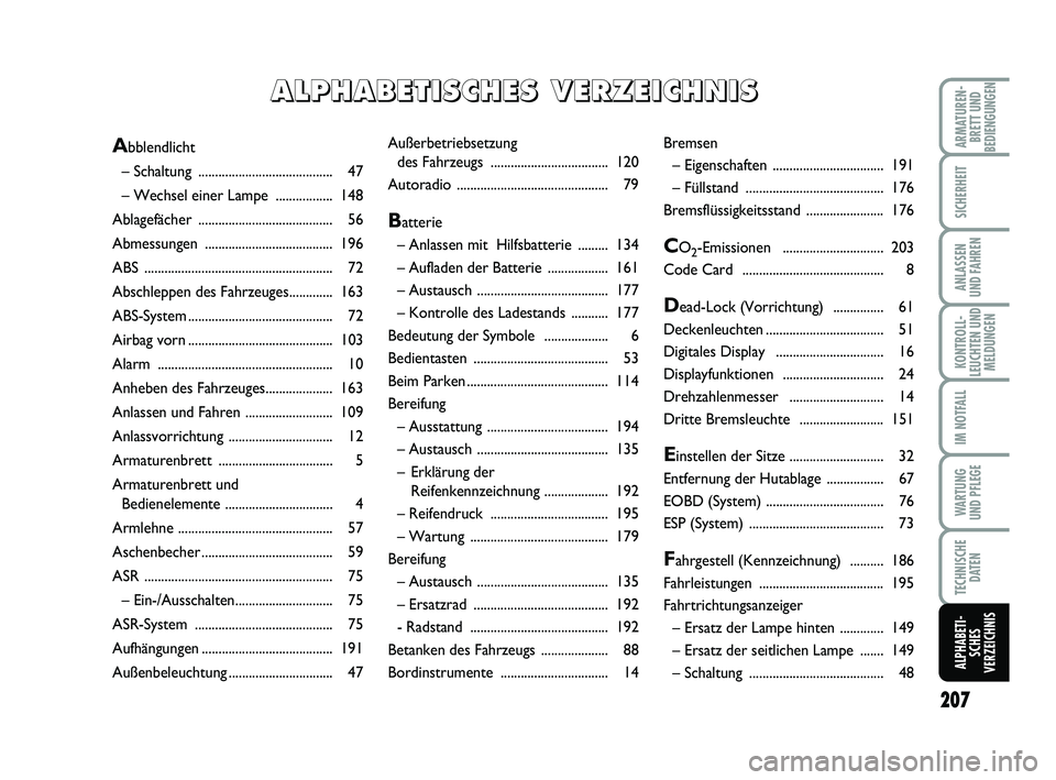 FIAT PUNTO 2020  Betriebsanleitung (in German) 207
ARMATUREN-BRETT UND
BEDIENGUNGEN
SICHERHEIT
ANLASSEN
UND FAHREN
KONTROLL-
LEUCHTEN UND MELDUNGEN
IM NOTFALL
WA RT U N G
UND PFLEGE
TECHNISCHE DATEN
ALPHABETI-SCHES
VERZEICHNIS
Außerbetriebsetzung