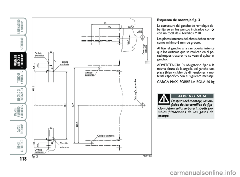 FIAT PUNTO 2013 Manual de Empleo y Cuidado (in Spanish) 118
TESTIGOS
Y MENSAJES
EN CASO DE
EMERGENCIA
MANTE-
NIMIENTO
Y CUIDADOS
DATOS
TÉCNICOS
ÍNDICE
ALFABÉTICO
SALPICADERO Y MANDOS
SEGURIDAD
PUESTA EN
MARCHA Y
CONDUCCIÓN
Esquema de montaje fig. 3
La FIAT PUNTO 2013 Manual de Empleo y Cuidado (in Spanish) 118
TESTIGOS
Y MENSAJES
EN CASO DE
EMERGENCIA
MANTE-
NIMIENTO
Y CUIDADOS
DATOS
TÉCNICOS
ÍNDICE
ALFABÉTICO
SALPICADERO Y MANDOS
SEGURIDAD
PUESTA EN
MARCHA Y
CONDUCCIÓN
Esquema de montaje fig. 3
La
