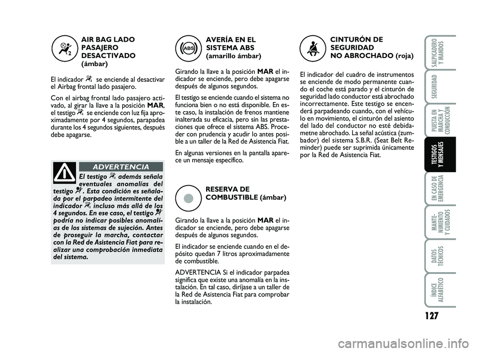 FIAT PUNTO 2013 Manual de Empleo y Cuidado (in Spanish) 127
EN CASO DE
EMERGENCIA
MANTE-
NIMIENTO
Y CUIDADOS
DATOS
TÉCNICOS
ÍNDICE
ALFABÉTICO
SALPICADERO Y MANDOS
SEGURIDAD
PUESTA EN
MARCHA Y
CONDUCCIÓN
TESTIGOS
Y MENSAJES
ç
RESERVA DE
COMBUSTIBLE (á FIAT PUNTO 2013 Manual de Empleo y Cuidado (in Spanish) 127
EN CASO DE
EMERGENCIA
MANTE-
NIMIENTO
Y CUIDADOS
DATOS
TÉCNICOS
ÍNDICE
ALFABÉTICO
SALPICADERO Y MANDOS
SEGURIDAD
PUESTA EN
MARCHA Y
CONDUCCIÓN
TESTIGOS
Y MENSAJES
ç
RESERVA DE
COMBUSTIBLE (á