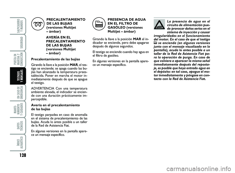 FIAT PUNTO 2013 Manual de Empleo y Cuidado (in Spanish) 128
EN CASO DE
EMERGENCIA
MANTE-
NIMIENTO
Y CUIDADOS
DATOS
TÉCNICOS
ÍNDICE
ALFABÉTICO
SALPICADERO Y MANDOS
SEGURIDAD
PUESTA EN
MARCHA Y
CONDUCCIÓN
TESTIGOS
Y MENSAJES
PRECALENTAMIENTO
DE LAS BUJí FIAT PUNTO 2013 Manual de Empleo y Cuidado (in Spanish) 128
EN CASO DE
EMERGENCIA
MANTE-
NIMIENTO
Y CUIDADOS
DATOS
TÉCNICOS
ÍNDICE
ALFABÉTICO
SALPICADERO Y MANDOS
SEGURIDAD
PUESTA EN
MARCHA Y
CONDUCCIÓN
TESTIGOS
Y MENSAJES
PRECALENTAMIENTO
DE LAS BUJí
