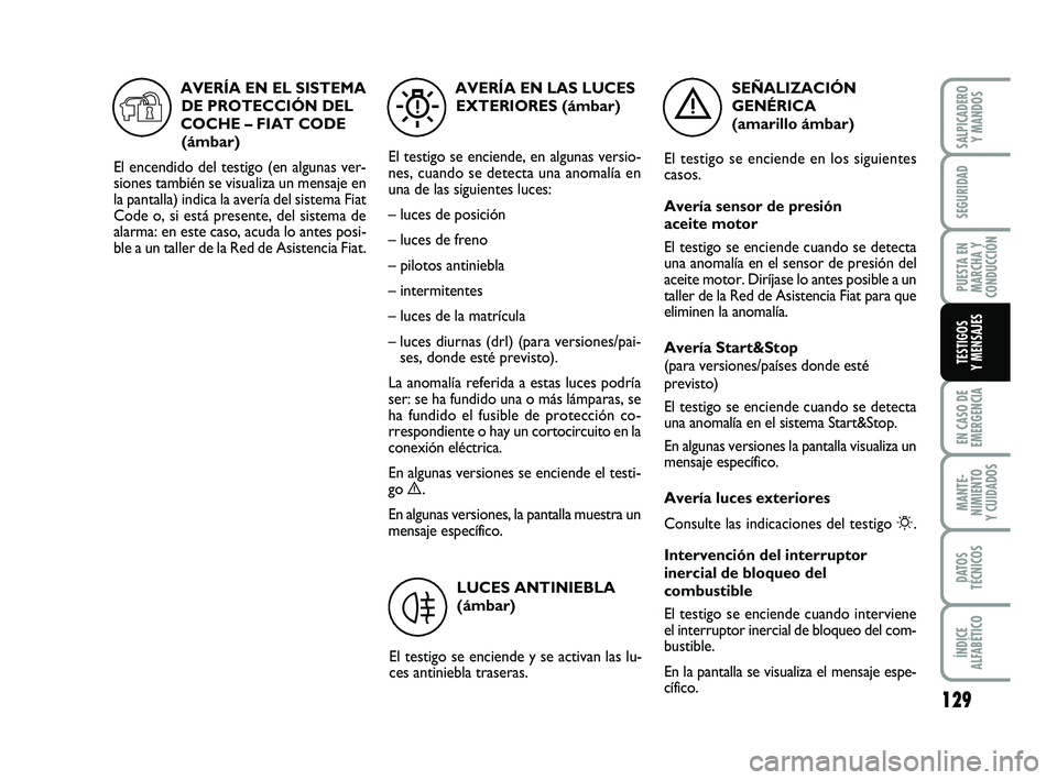 FIAT PUNTO 2013 Manual de Empleo y Cuidado (in Spanish) 129
EN CASO DE
EMERGENCIA
MANTE-
NIMIENTO
Y CUIDADOS
DATOS
TÉCNICOS
ÍNDICE
ALFABÉTICO
SALPICADERO Y MANDOS
SEGURIDAD
PUESTA EN
MARCHA Y
CONDUCCIÓN
TESTIGOS
Y MENSAJES
SEÑALIZACIÓN
GENÉRICA
(ama FIAT PUNTO 2013 Manual de Empleo y Cuidado (in Spanish) 129
EN CASO DE
EMERGENCIA
MANTE-
NIMIENTO
Y CUIDADOS
DATOS
TÉCNICOS
ÍNDICE
ALFABÉTICO
SALPICADERO Y MANDOS
SEGURIDAD
PUESTA EN
MARCHA Y
CONDUCCIÓN
TESTIGOS
Y MENSAJES
SEÑALIZACIÓN
GENÉRICA
(ama