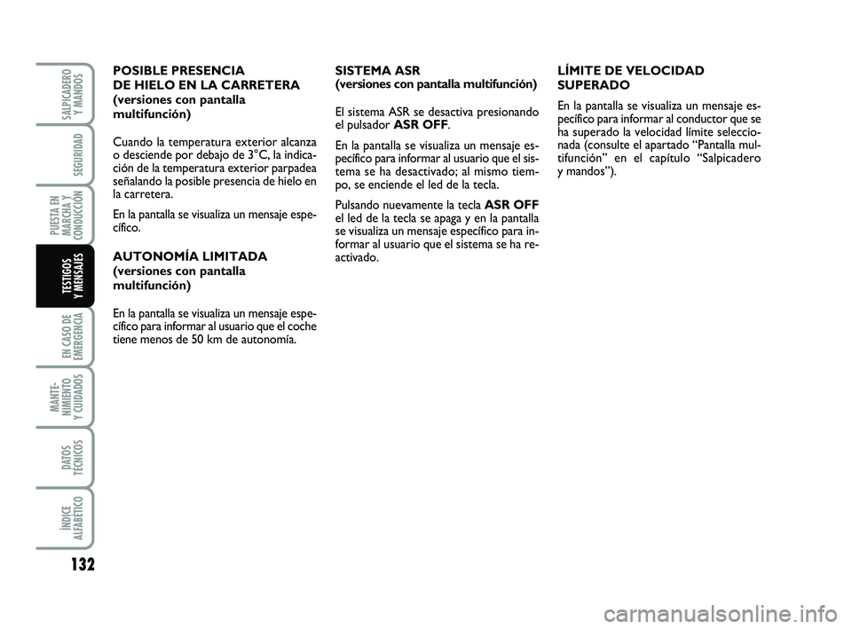 FIAT PUNTO 2013 Manual de Empleo y Cuidado (in Spanish) 132
EN CASO DE
EMERGENCIA
MANTE-
NIMIENTO
Y CUIDADOS
DATOS
TÉCNICOS
ÍNDICE
ALFABÉTICO
SALPICADERO Y MANDOS
SEGURIDAD
PUESTA EN
MARCHA Y
CONDUCCIÓN
TESTIGOS
Y MENSAJES
SISTEMA ASR
(versiones con pa FIAT PUNTO 2013 Manual de Empleo y Cuidado (in Spanish) 132
EN CASO DE
EMERGENCIA
MANTE-
NIMIENTO
Y CUIDADOS
DATOS
TÉCNICOS
ÍNDICE
ALFABÉTICO
SALPICADERO Y MANDOS
SEGURIDAD
PUESTA EN
MARCHA Y
CONDUCCIÓN
TESTIGOS
Y MENSAJES
SISTEMA ASR
(versiones con pa