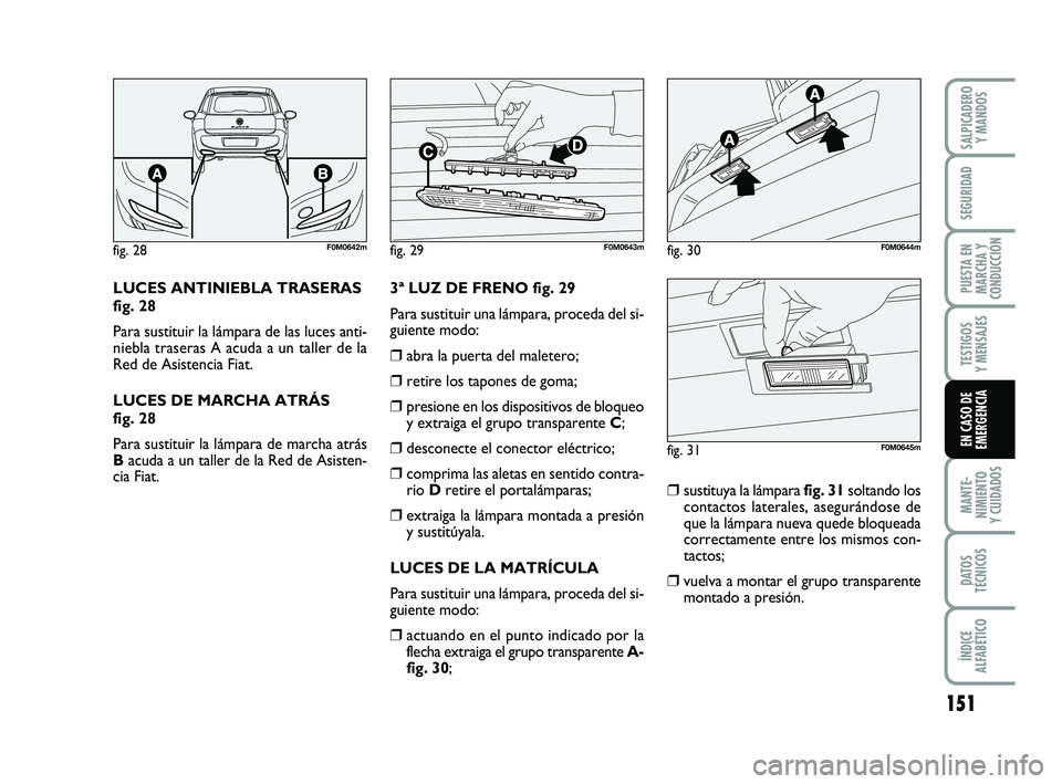 FIAT PUNTO 2013  Manual de Empleo y Cuidado (in Spanish) 151
MANTE-
NIMIENTO
Y CUIDADOS
DATOS
TÉCNICOS
ÍNDICE
ALFABÉTICO
SALPICADERO Y MANDOS
SEGURIDAD
PUESTA EN
MARCHA Y
CONDUCCIÓN
TESTIGOS
Y MENSAJES
EN CASO DE
EMERGENCIA
fig. 28F0M0642mfig. 29F0M0643