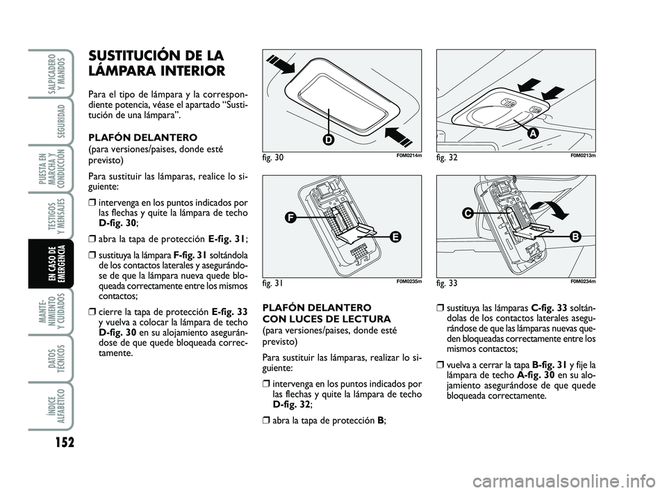 FIAT PUNTO 2013  Manual de Empleo y Cuidado (in Spanish) 152
MANTE-
NIMIENTO
Y CUIDADOS
DATOS
TÉCNICOS
ÍNDICE
ALFABÉTICO
SALPICADERO Y MANDOS
SEGURIDAD
PUESTA EN
MARCHA Y
CONDUCCIÓN
TESTIGOS
Y MENSAJES
EN CASO DE
EMERGENCIA
SUSTITUCIÓN DE LA
LÁMPARA I