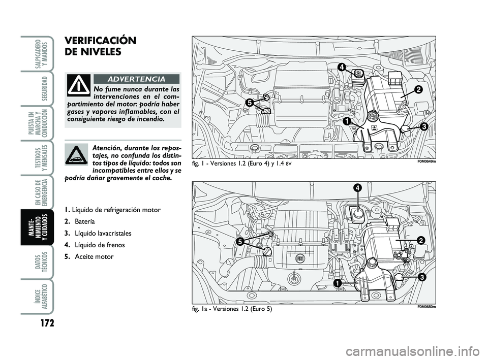 FIAT PUNTO 2013  Manual de Empleo y Cuidado (in Spanish) 172
DATOS
TÉCNICOS
ÍNDICE
ALFABÉTICO
SALPICADERO Y MANDOS
SEGURIDAD
PUESTA EN
MARCHA Y
CONDUCCIÓN
TESTIGOS
Y MENSAJES
EN CASO DE
EMERGENCIA
MANTE-
NIMIENTO
Y CUIDADOS
VERIFICACIÓN
DE NIVELES 
fig