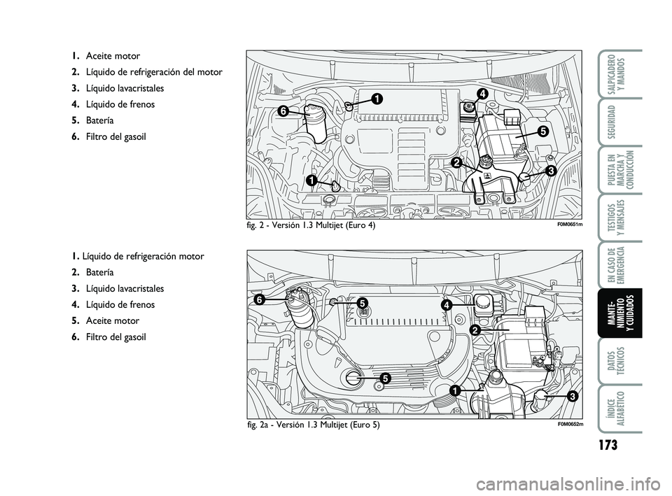 FIAT PUNTO 2013  Manual de Empleo y Cuidado (in Spanish) 173
DATOS
TÉCNICOS
ÍNDICE
ALFABÉTICO
SALPICADERO Y MANDOS
SEGURIDAD
PUESTA EN
MARCHA Y
CONDUCCIÓN
TESTIGOS
Y MENSAJES
EN CASO DE
EMERGENCIA
MANTE-
NIMIENTO
Y CUIDADOS
fig. 2 - Versión 1.3 Multije