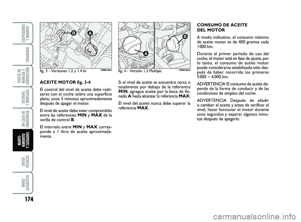 FIAT PUNTO 2013 Manual de Empleo y Cuidado (in Spanish) 174
DATOS
TÉCNICOS
ÍNDICE
ALFABÉTICO
SALPICADERO Y MANDOS
SEGURIDAD
PUESTA EN
MARCHA Y
CONDUCCIÓN
TESTIGOS
Y MENSAJES
EN CASO DE
EMERGENCIA
MANTE-
NIMIENTO
Y CUIDADOS
Si el nivel de aceite se encu FIAT PUNTO 2013 Manual de Empleo y Cuidado (in Spanish) 174
DATOS
TÉCNICOS
ÍNDICE
ALFABÉTICO
SALPICADERO Y MANDOS
SEGURIDAD
PUESTA EN
MARCHA Y
CONDUCCIÓN
TESTIGOS
Y MENSAJES
EN CASO DE
EMERGENCIA
MANTE-
NIMIENTO
Y CUIDADOS
Si el nivel de aceite se encu