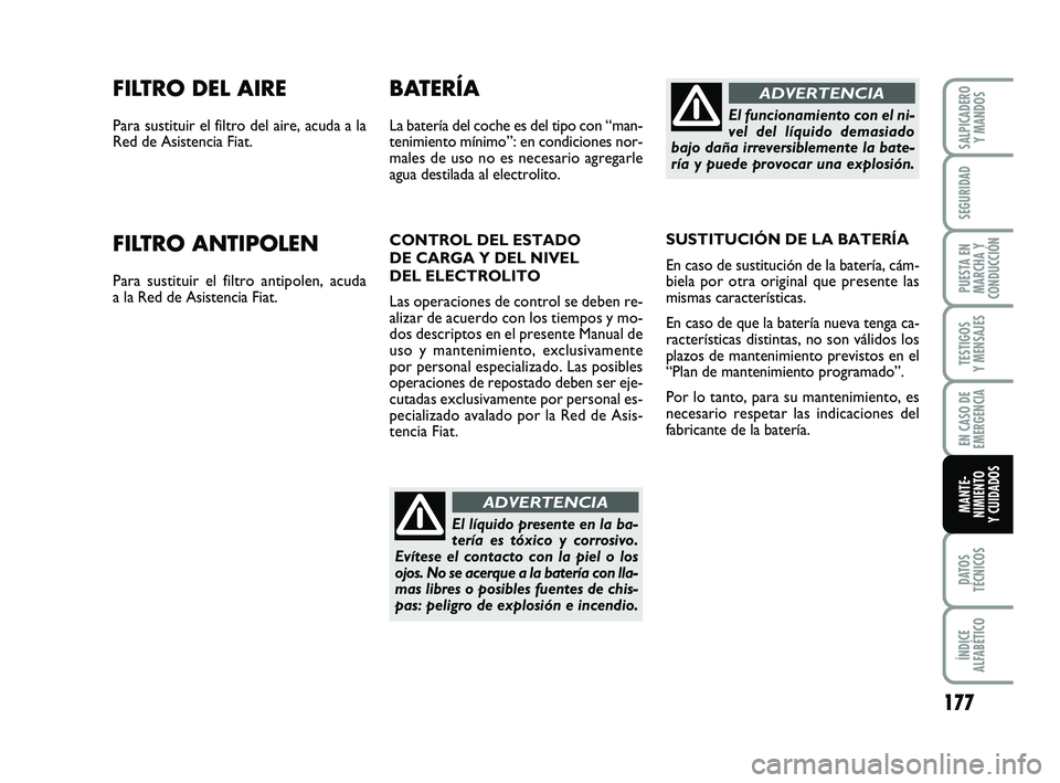 FIAT PUNTO 2013 Manual de Empleo y Cuidado (in Spanish) 177
DATOS
TÉCNICOS
ÍNDICE
ALFABÉTICO
SALPICADERO Y MANDOS
SEGURIDAD
PUESTA EN
MARCHA Y
CONDUCCIÓN
TESTIGOS
Y MENSAJES
EN CASO DE
EMERGENCIA
MANTE-
NIMIENTO
Y CUIDADOS
FILTRO DEL AIRE
Para sustitui FIAT PUNTO 2013 Manual de Empleo y Cuidado (in Spanish) 177
DATOS
TÉCNICOS
ÍNDICE
ALFABÉTICO
SALPICADERO Y MANDOS
SEGURIDAD
PUESTA EN
MARCHA Y
CONDUCCIÓN
TESTIGOS
Y MENSAJES
EN CASO DE
EMERGENCIA
MANTE-
NIMIENTO
Y CUIDADOS
FILTRO DEL AIRE
Para sustitui