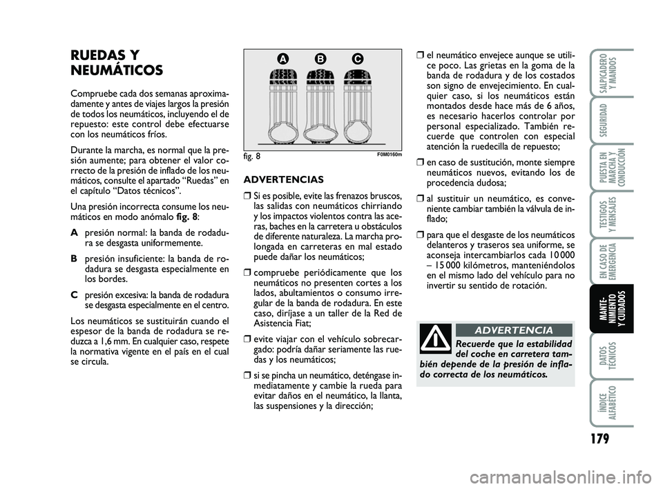 FIAT PUNTO 2013 Manual de Empleo y Cuidado (in Spanish) 179
DATOS
TÉCNICOS
ÍNDICE
ALFABÉTICO
SALPICADERO Y MANDOS
SEGURIDAD
PUESTA EN
MARCHA Y
CONDUCCIÓN
TESTIGOS
Y MENSAJES
EN CASO DE
EMERGENCIA
MANTE-
NIMIENTO
Y CUIDADOS
RUEDAS Y
NEUMÁTICOS
Comprueb FIAT PUNTO 2013 Manual de Empleo y Cuidado (in Spanish) 179
DATOS
TÉCNICOS
ÍNDICE
ALFABÉTICO
SALPICADERO Y MANDOS
SEGURIDAD
PUESTA EN
MARCHA Y
CONDUCCIÓN
TESTIGOS
Y MENSAJES
EN CASO DE
EMERGENCIA
MANTE-
NIMIENTO
Y CUIDADOS
RUEDAS Y
NEUMÁTICOS
Comprueb